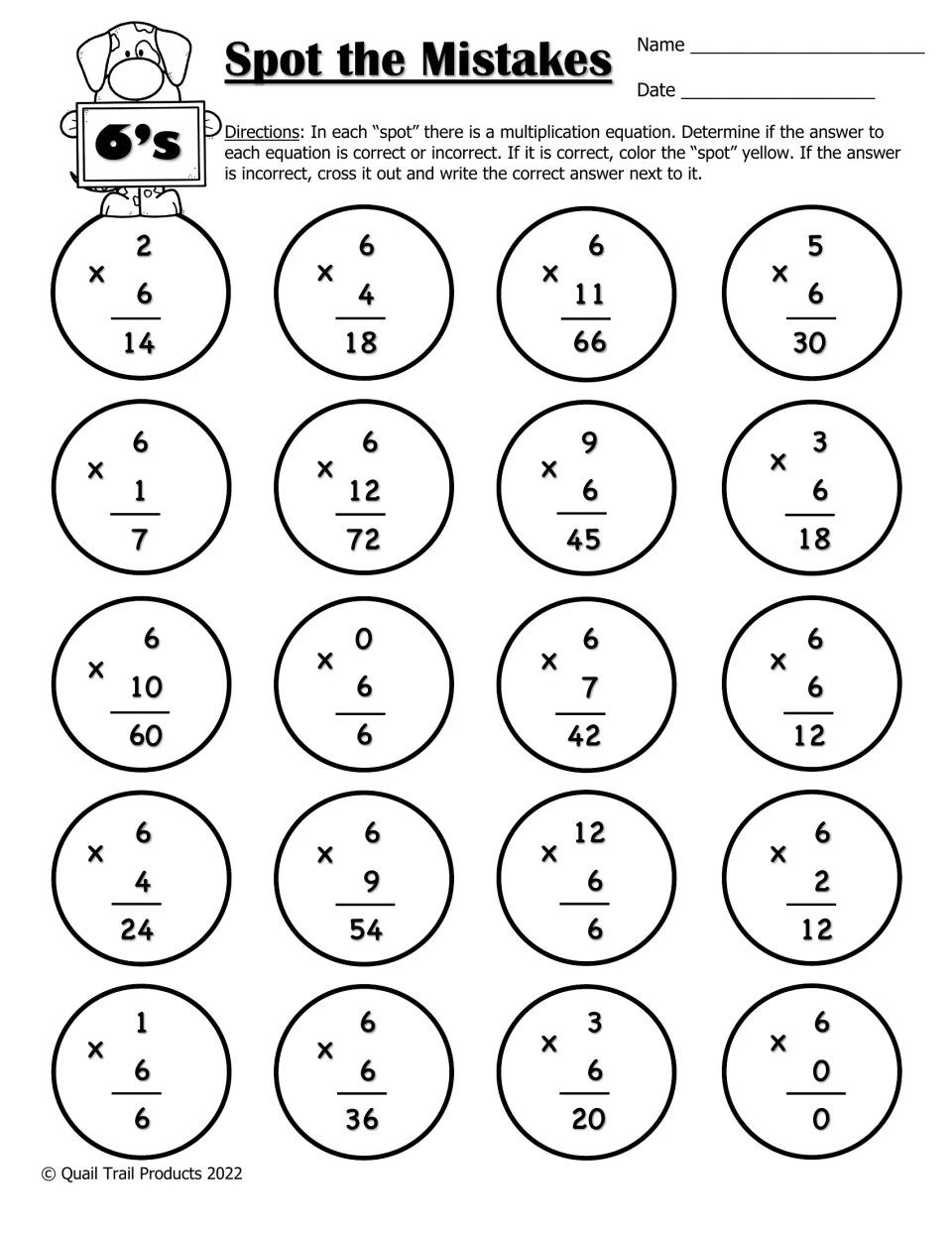 6s times-table check: students evaluate 20 answers, including 12 x 6 = 6, coloring correct facts and correcting errors