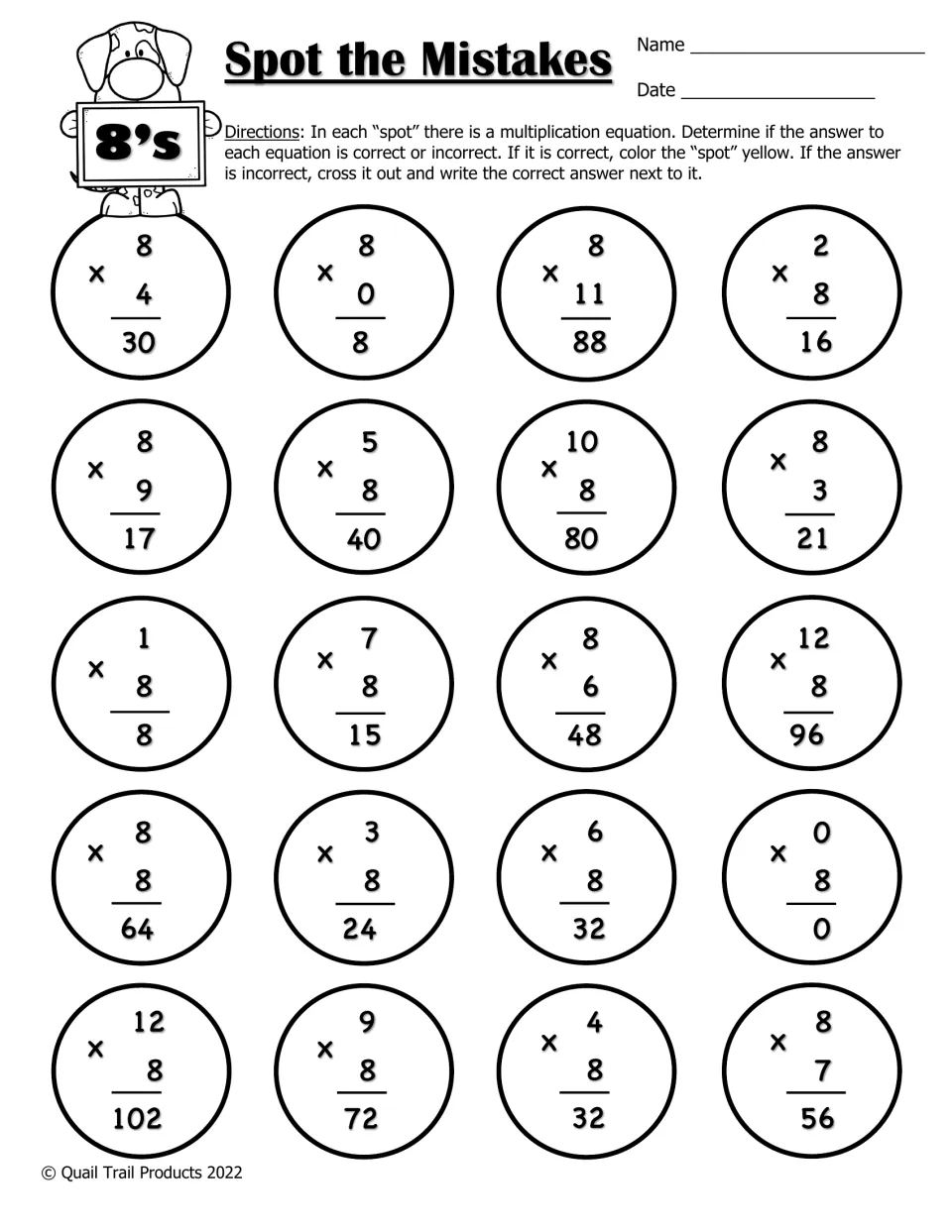 8s fact fluency check: students catch mistakes such as 12 x 8 = 102 across 20 equations and replace them with the answer