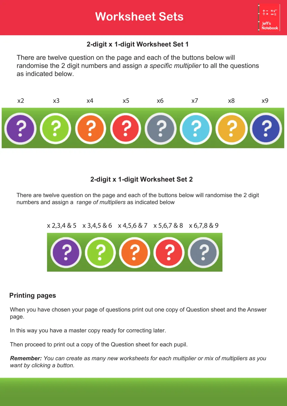 Worksheet Sets guide: buttons create 12-question 2-digit x 1-digit sheets for one multiplier (x2 to x9) or a mix of them