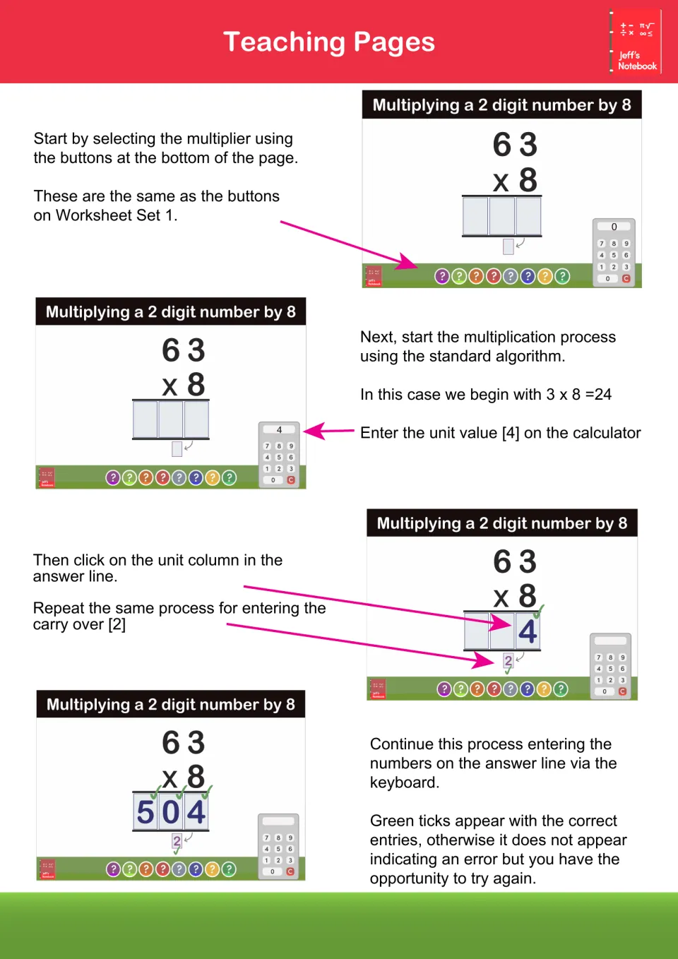 Teaching Pages walkthrough: 63 x 8 solved step by step with the standard algorithm, entering 4, carrying 2, reaching 504