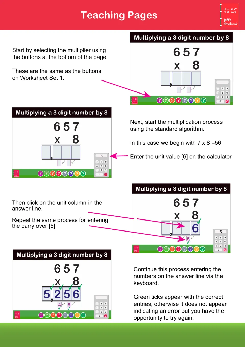 Teaching Pages guide: screens model 657 x 8 with the standard algorithm, entering 6, carrying the 5 and reaching 5,256