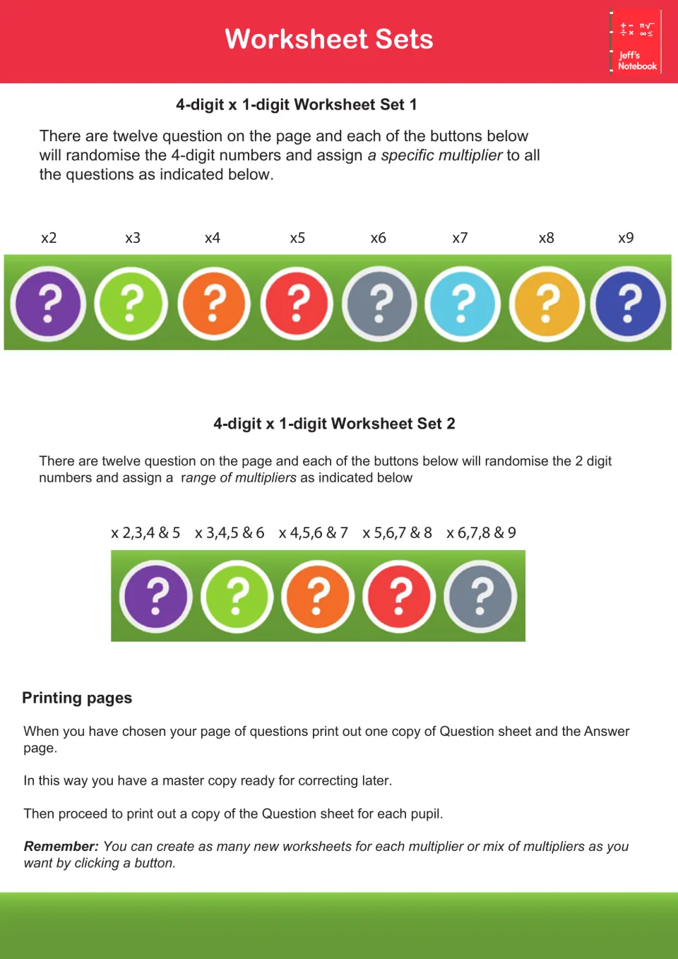 Worksheet Sets guide: buttons build 12-question 4-digit x 1-digit sheets with one multiplier (x2-x9) or mixed multipliers