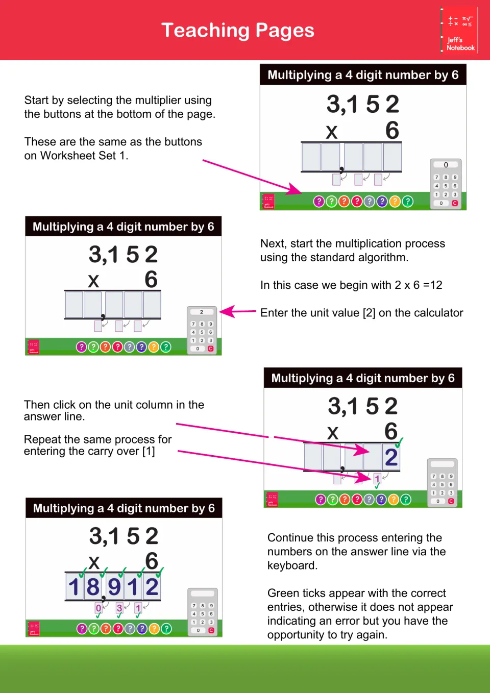 Teaching Pages guide: steps for solving 3,152 x 6 with the standard algorithm, entering digits and carries to reach 18,912