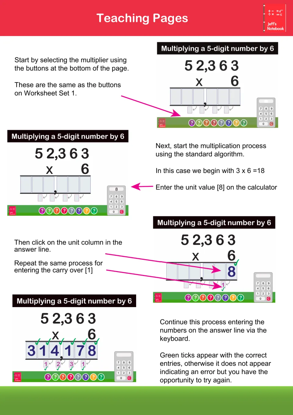 Teaching Pages walkthrough: 52,363 x 6 solved step by step with the standard algorithm, entering digits and carries