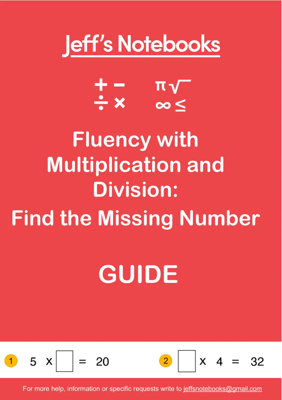 Jeff's Notebooks guide cover for missing-number multiplication and division, with sample items 5 x ? = 20 and ? x 4 = 32