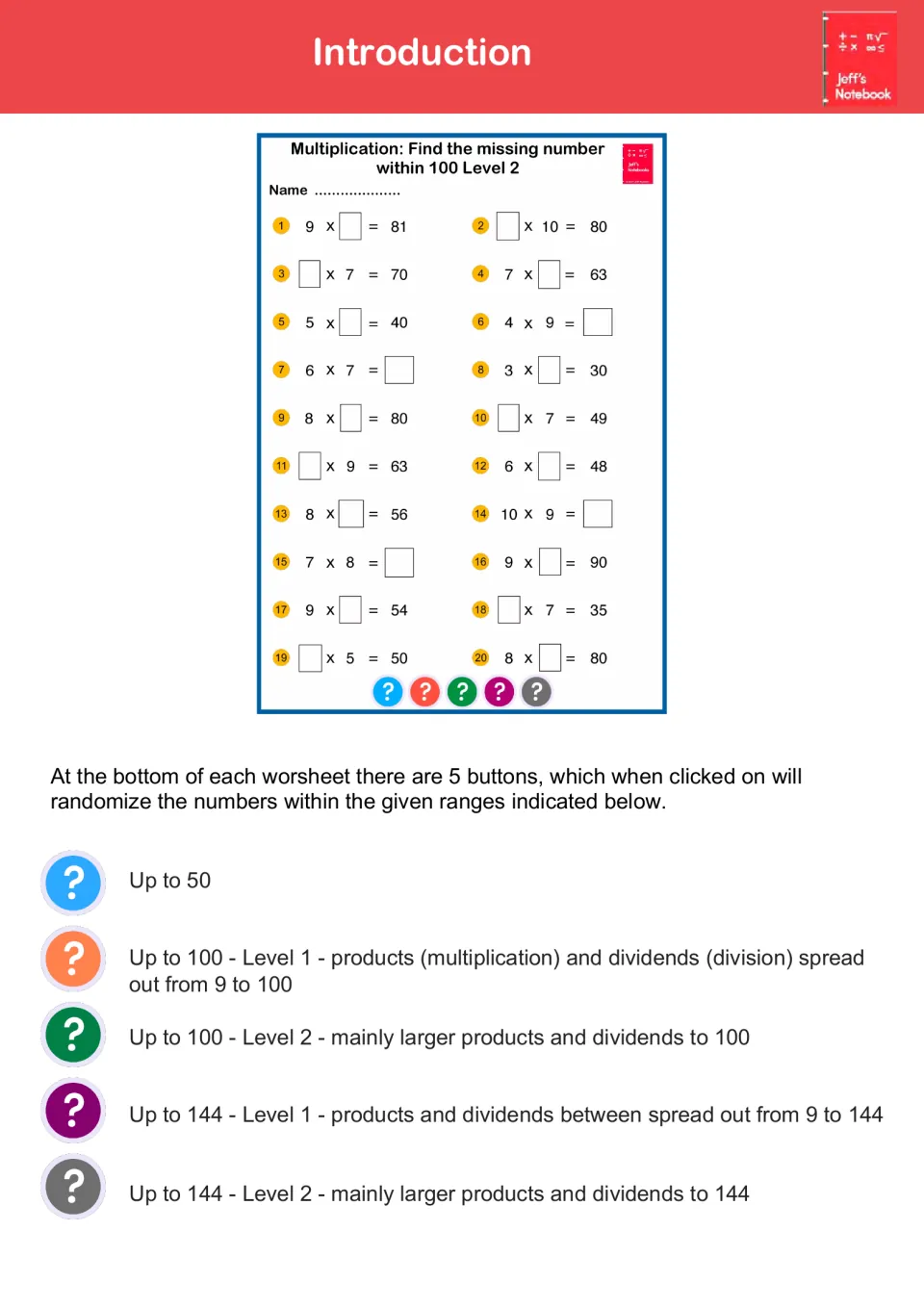 Introduction: five buttons on each sheet randomize numbers in ranges up to 50, 100 or 144, with two levels for 100 and 144