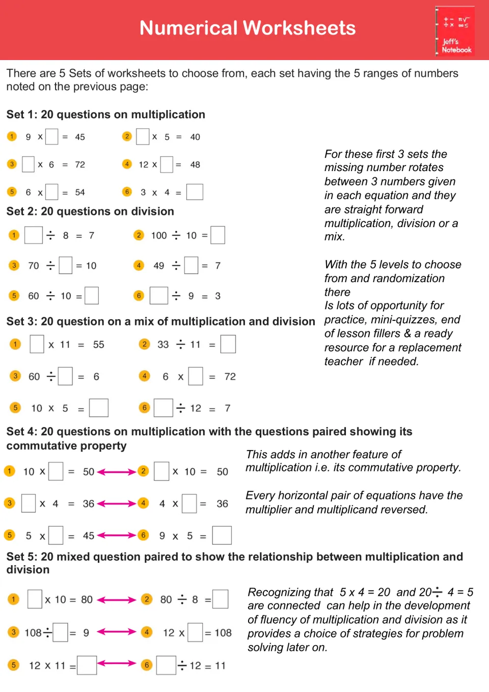 Numerical worksheet sets 1 to 5: missing-number multiplication, division, mixed, commutative pairs and multiply-divide pairs