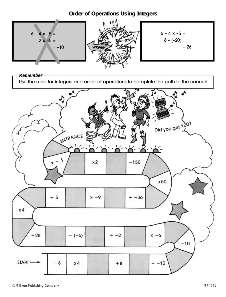Order of operations with integers: students multiply, divide, add and subtract along a game path to reach the concert