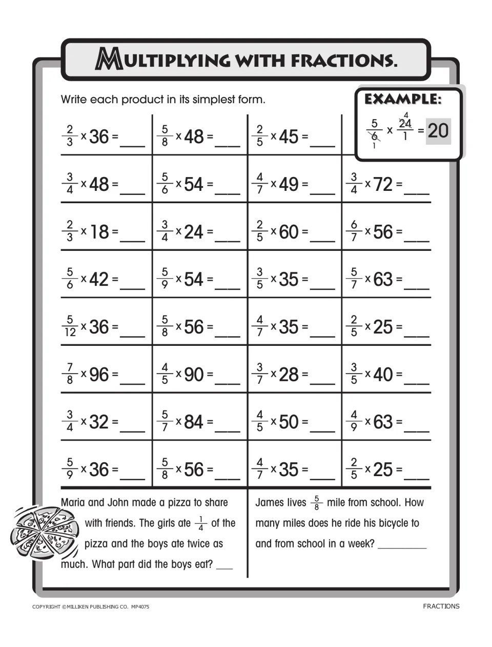 Multiplying with fractions: students find fraction-of-whole-number products in simplest form, plus pizza and bike problems