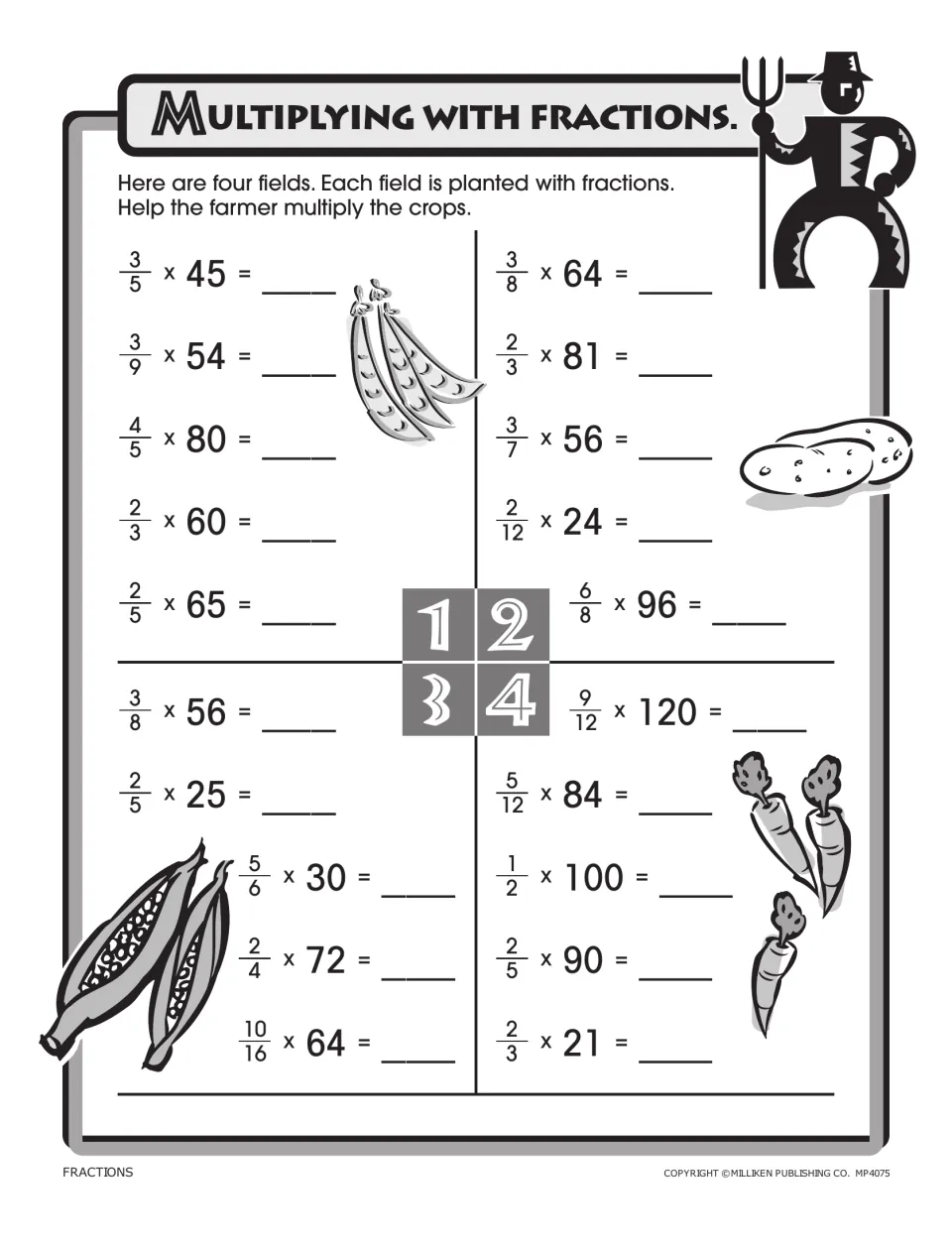 Farm-themed fraction practice: students multiply fractions by whole numbers in four numbered fields to help the farmer