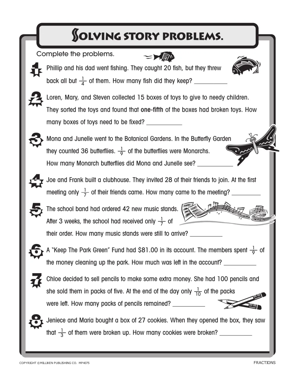 Fraction story problems: students find a fraction of a quantity in 8 problems about fish, toys, butterflies and cookies