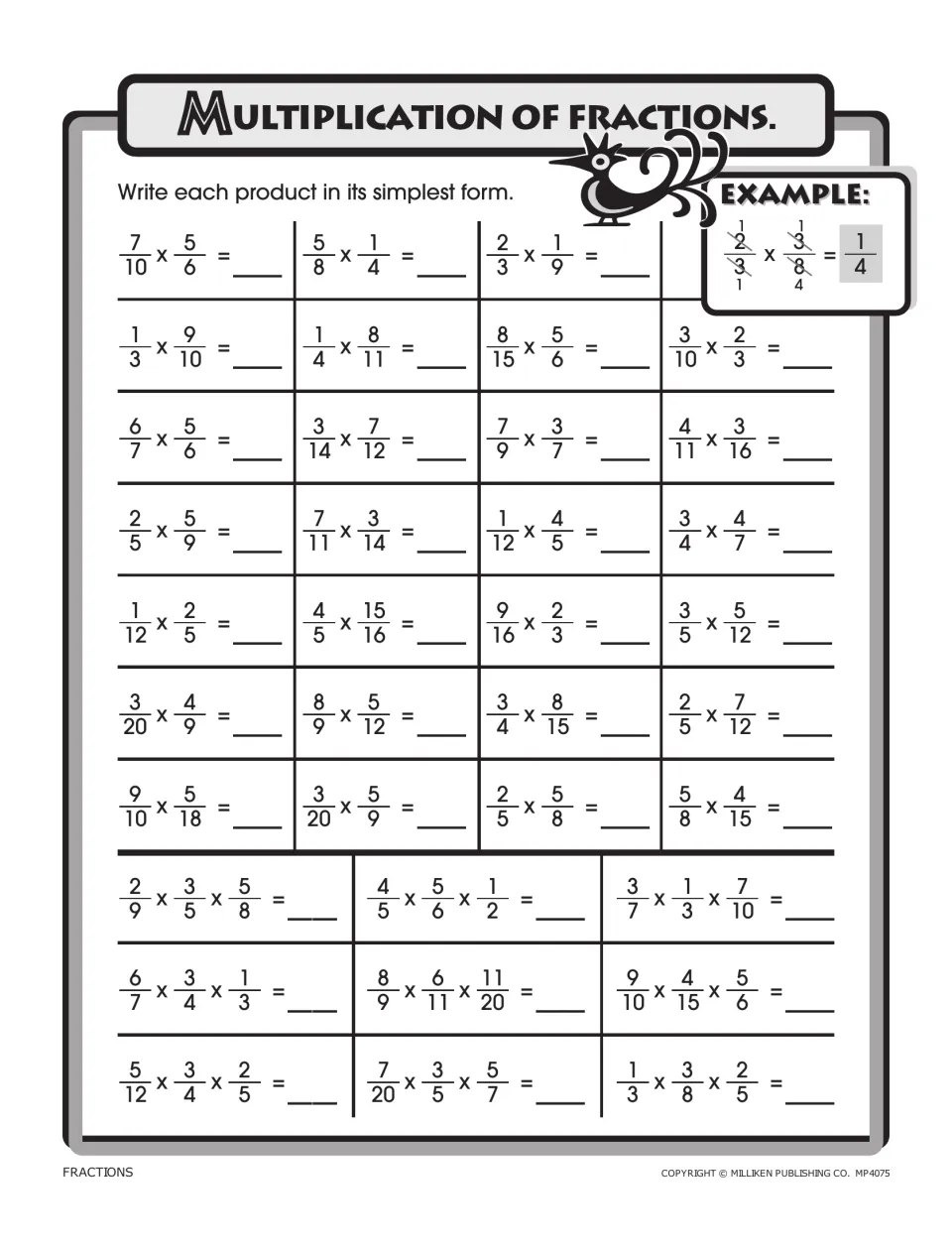 Multiplication of fractions: students multiply pairs and triples of fractions and write each product in simplest form