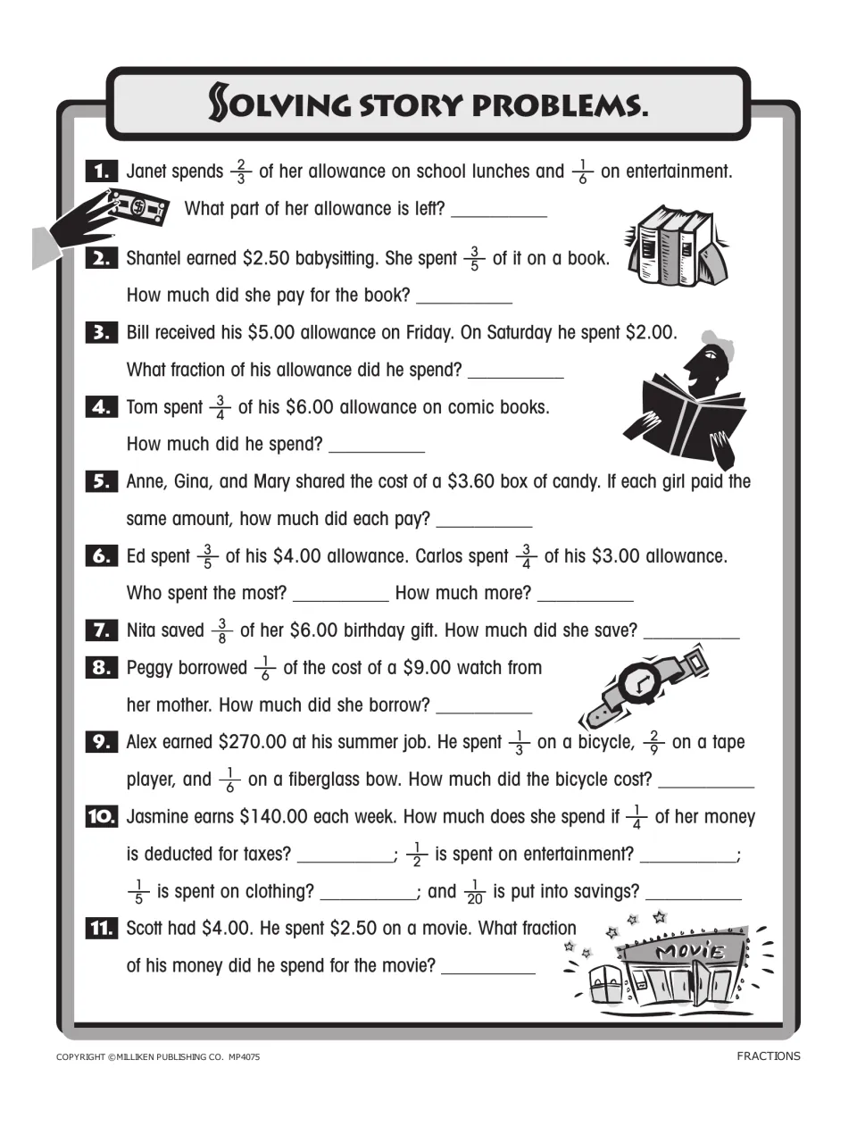 Money story problems with fractions: students work out allowance, savings and spending amounts in 11 word problems