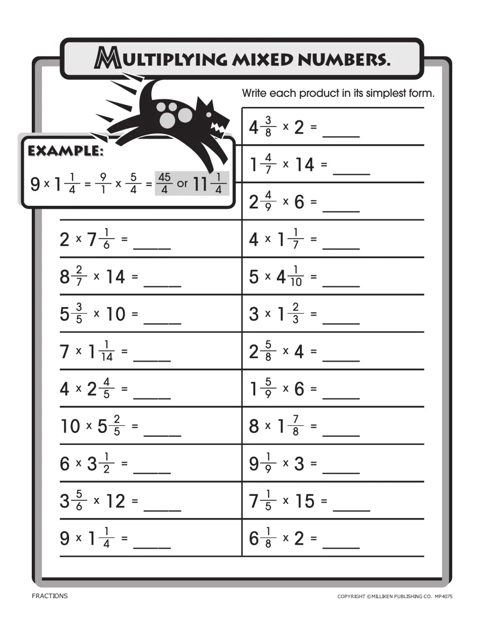 Multiplying mixed numbers: students multiply a mixed number by a whole number, following the 9 x 1 1/4 example