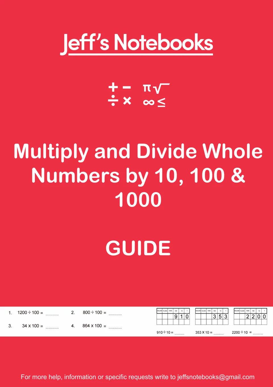 Jeff's Notebooks guide cover for multiplying and dividing whole numbers by 10, 100 and 1000, with sample questions