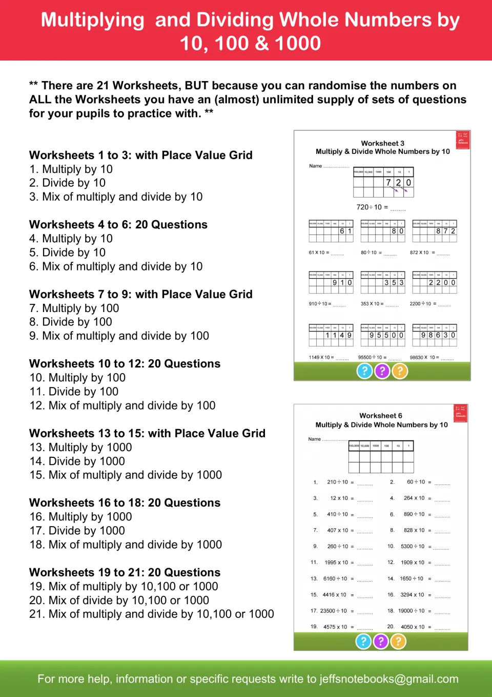 List of all 21 worksheets by skill: multiply, divide or mix by 10, 100 or 1000, with place value chart or 20 questions