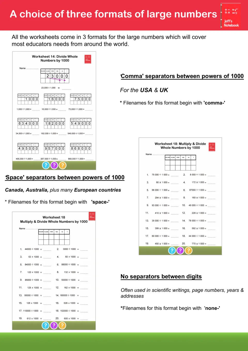 Three number formats for large numbers: comma separators, space separators or none, shown on Worksheet 14 and 18 samples