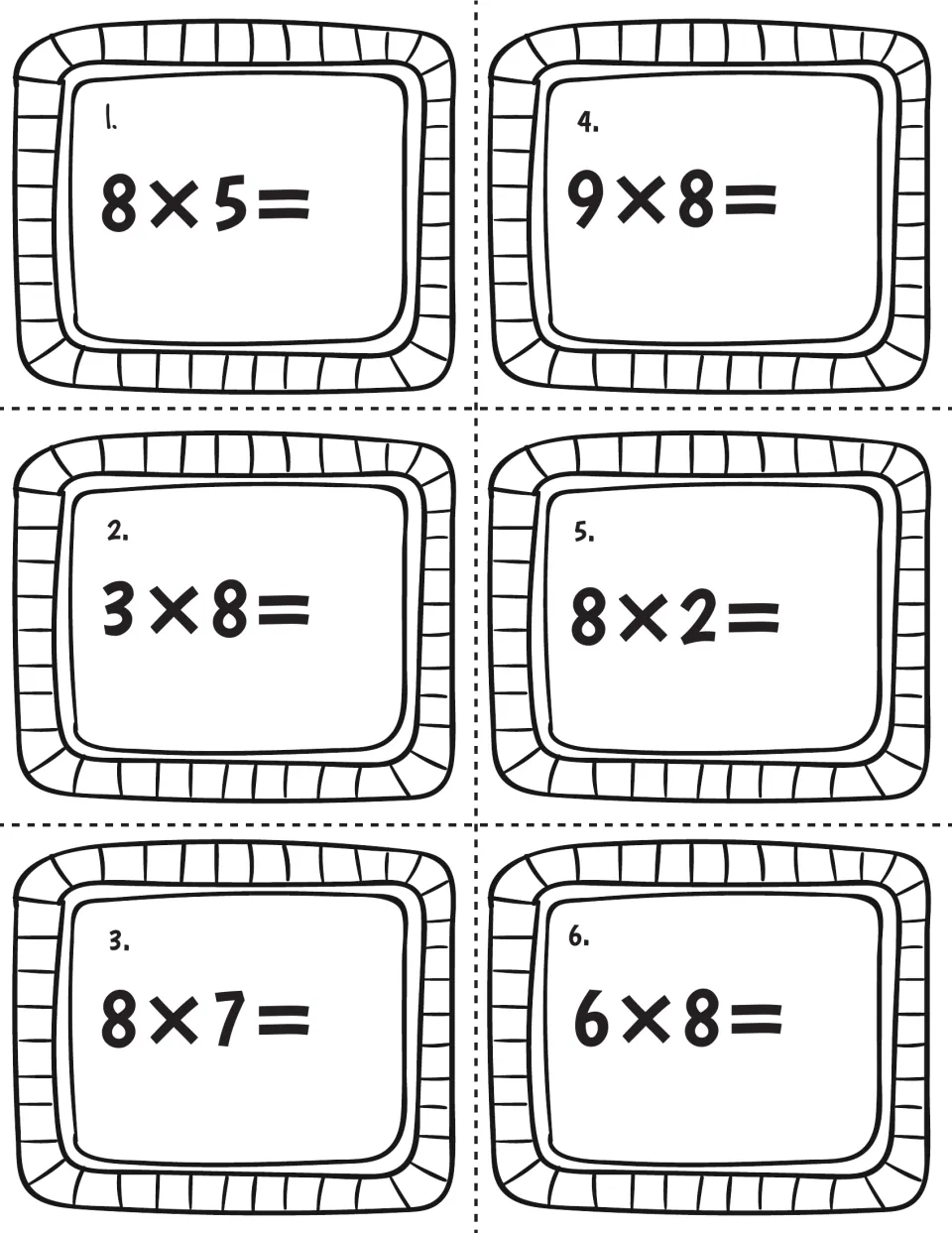 Multiplying by 8, cards 1-6: students solve 8x5, 3x8, 8x7, 9x8, 8x2 and 6x8, one fact per cut-apart task card