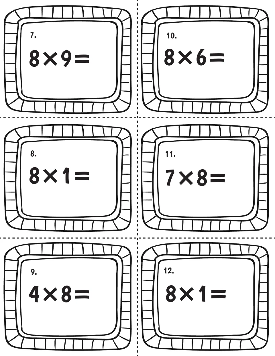 Eights facts, cards 7-12: students find products for 8x9, 8x1, 4x8, 8x6, 7x8 and 8x1 again on cut-apart task cards
