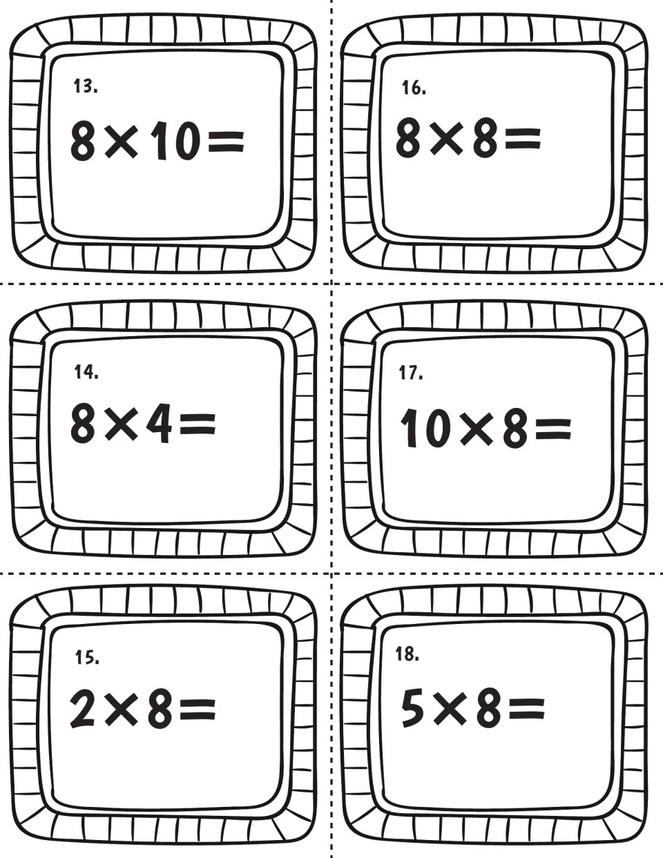Times-eight cards 13-18: students multiply 8x10, 8x4, 2x8, 8x8, 10x8 and 5x8, including the turnaround pair 8x10 and 10x8
