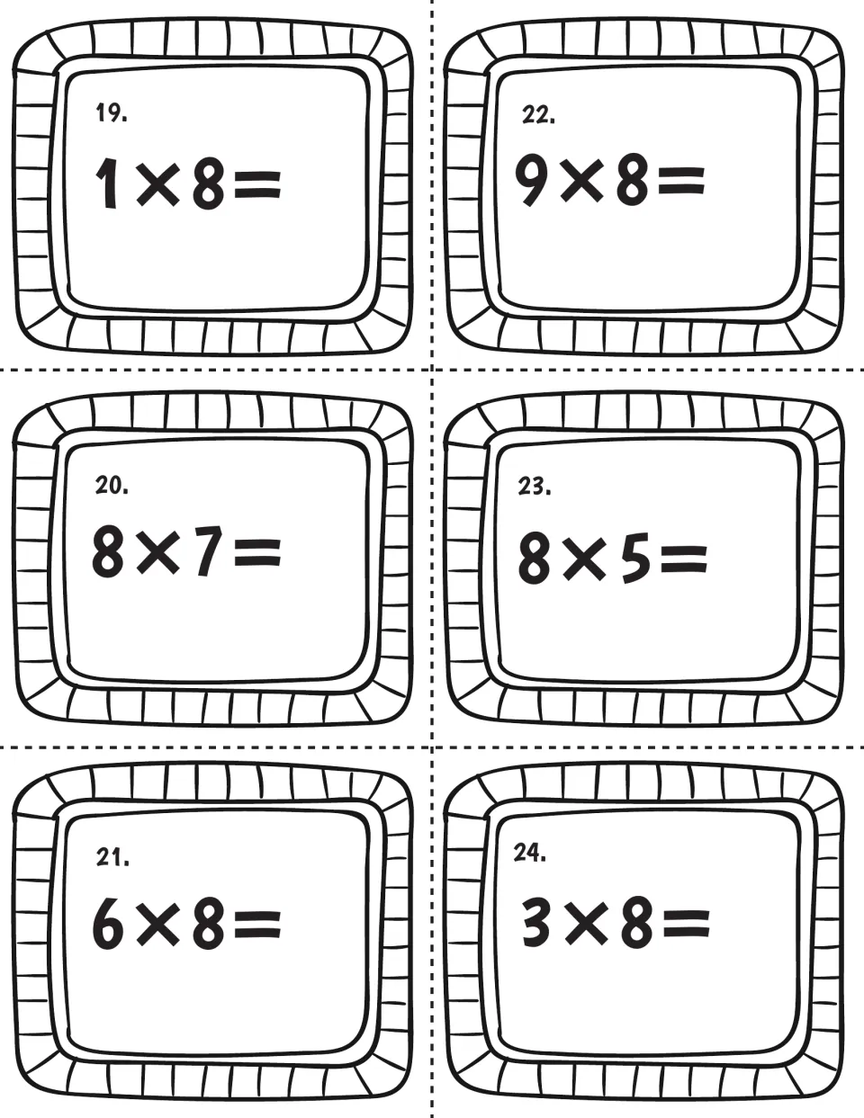 Multiplication by eight, cards 19-24: students answer 1x8, 8x7, 6x8, 9x8, 8x5 and 3x8 on six cut-apart task cards