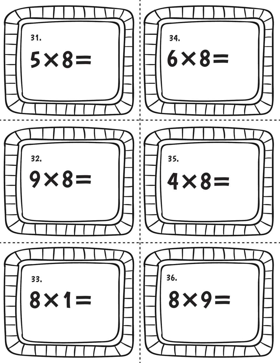 Facts of 8, cards 31-36: students compute 5x8, 9x8, 8x1, 6x8, 4x8 and 8x9 on six numbered multiplication task cards