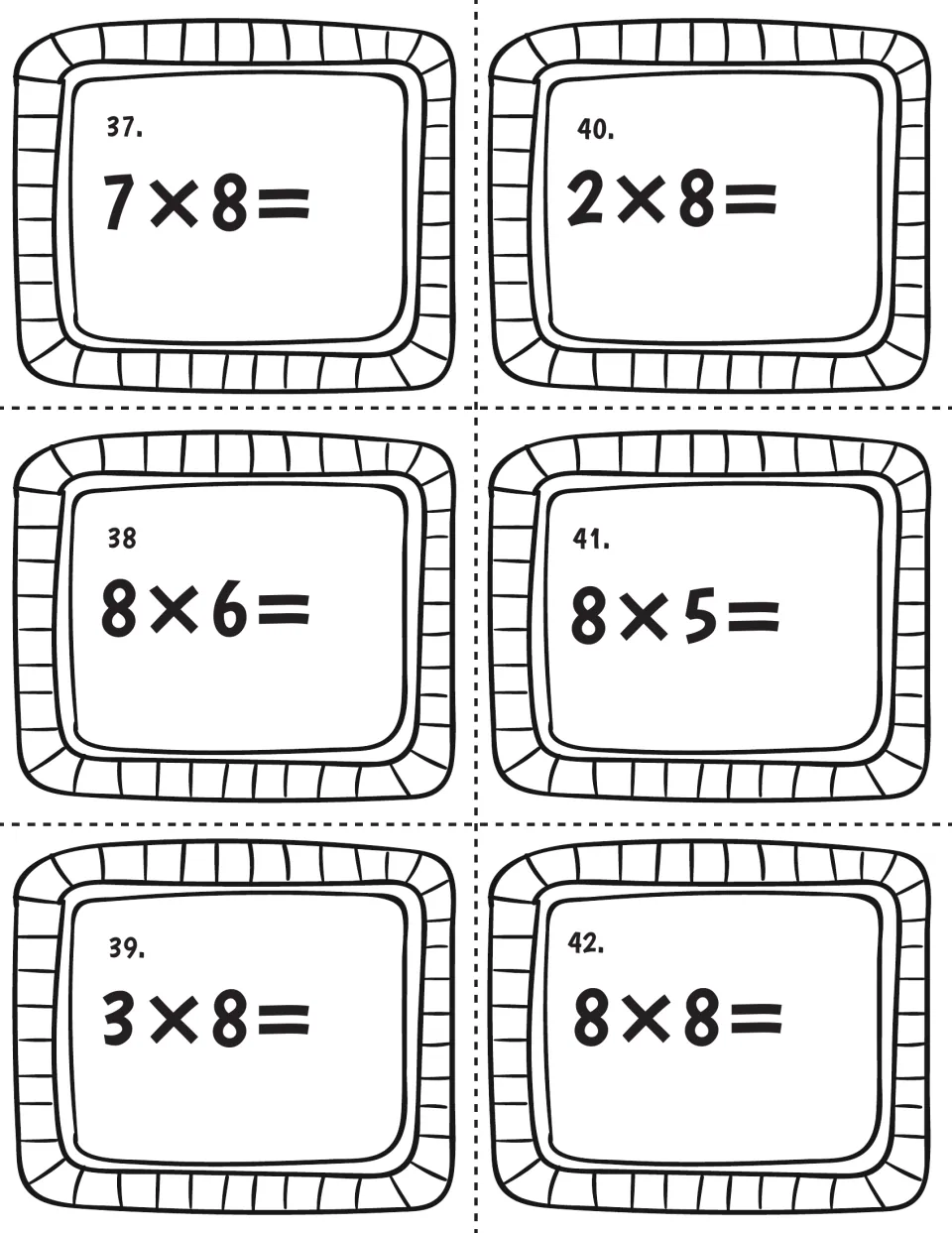 Multiply by 8 cards 37-42: students solve 7x8, 8x6, 3x8, 2x8, 8x5 and 8x8; each card shows one equation to complete