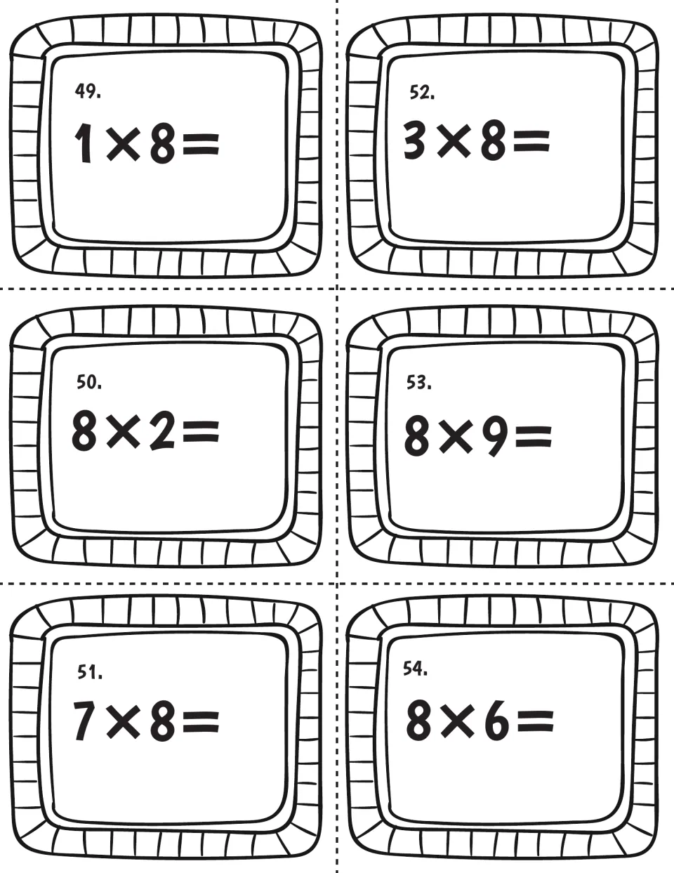 Times 8 cards 49-54: students find the product for 1x8, 8x2, 7x8, 3x8, 8x9 and 8x6 on six numbered cut-apart cards