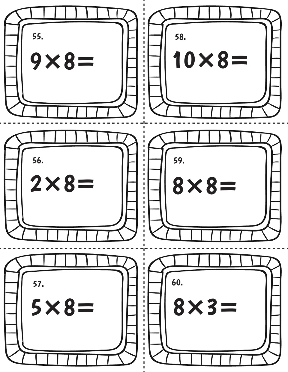 Last set of eights facts, cards 55-60: students solve 9x8, 2x8, 5x8, 10x8, 8x8 and 8x3 to finish all 60 task cards