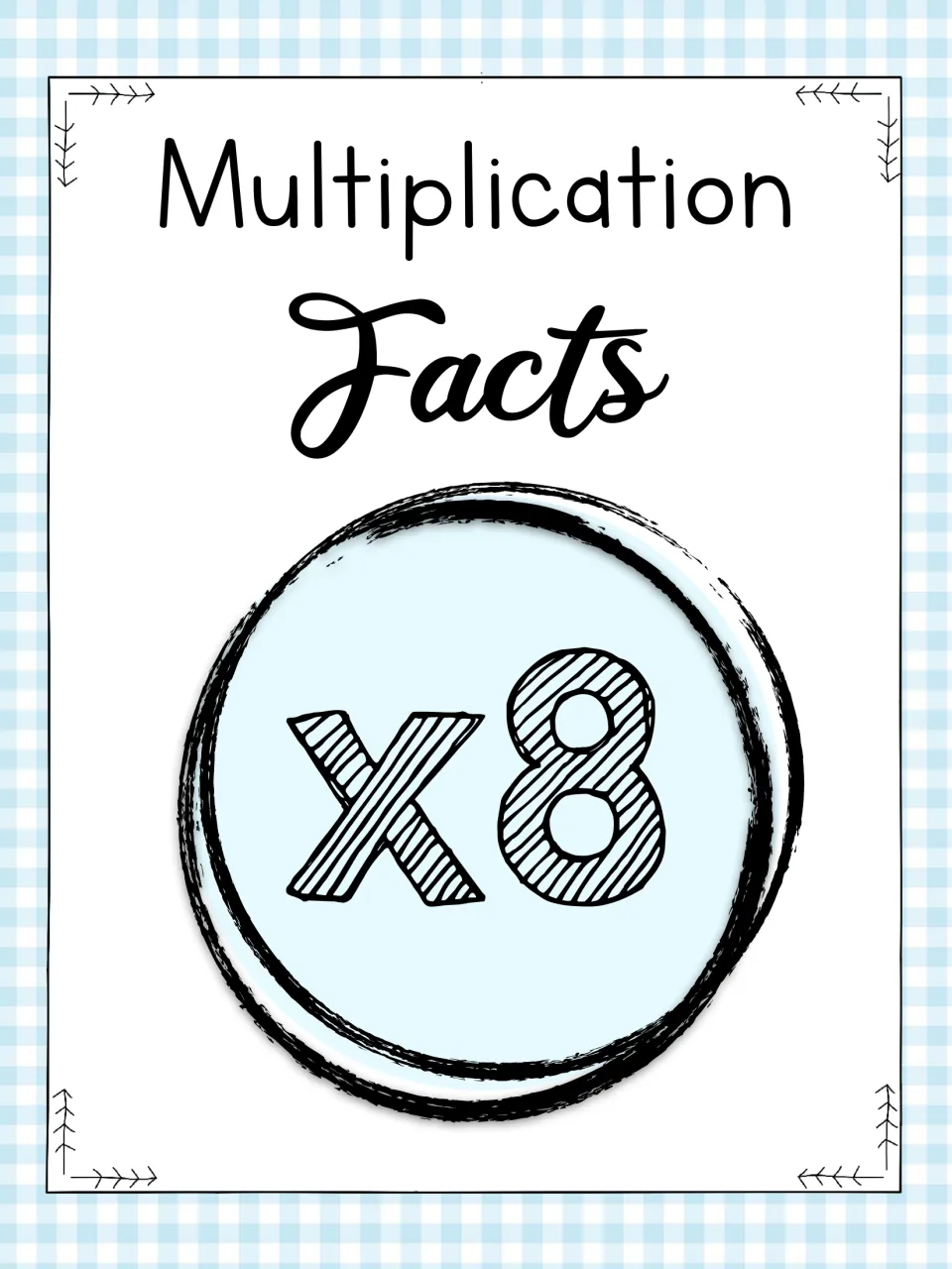 Multiplication Facts x8 cover: title page for a set of 8 times table practice worksheets with answer keys