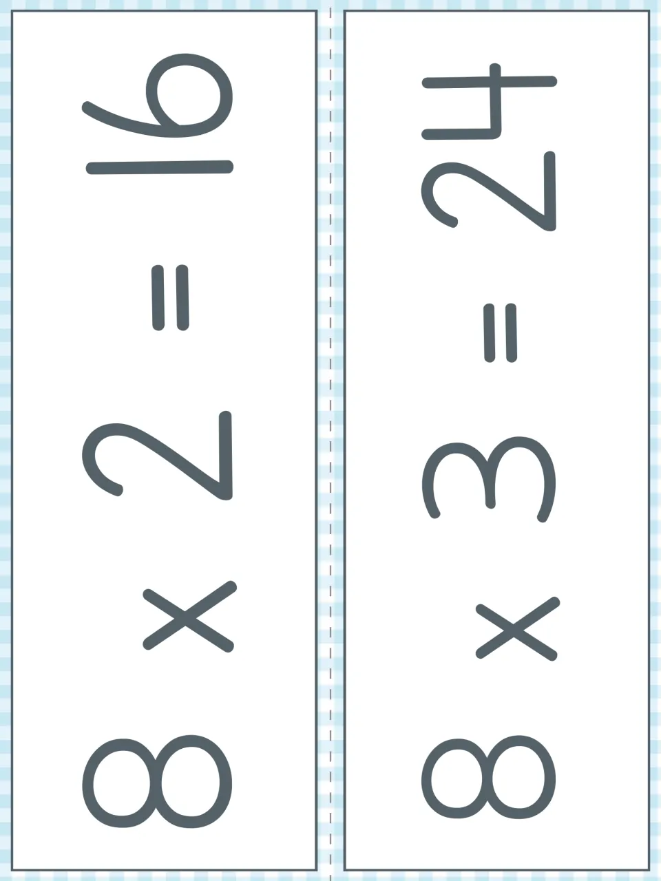 Fact strips for 8 x 2 = 16 and 8 x 3 = 24 in large sideways numerals, to cut apart for review of the 8s facts