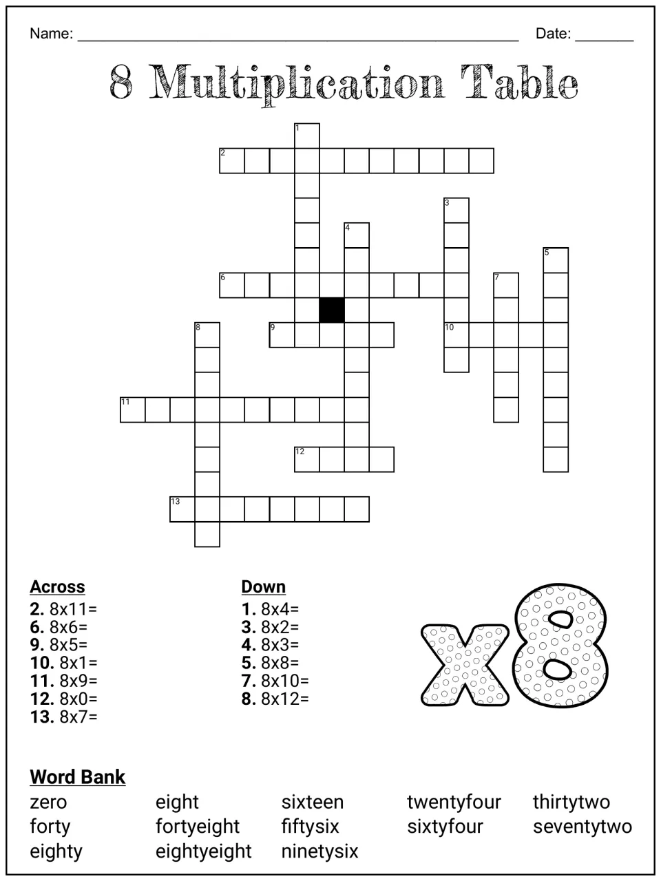 8 Multiplication Table crossword: students solve 13 clues like 8x11 and write answers as number words from a word bank
