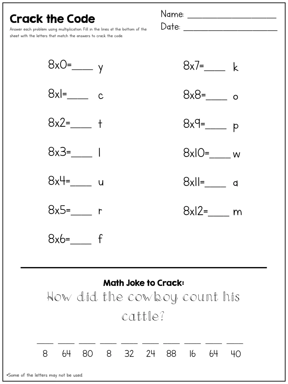 Crack the Code: students solve 8x0 to 8x12, then match products to letters to answer a cowboy math joke