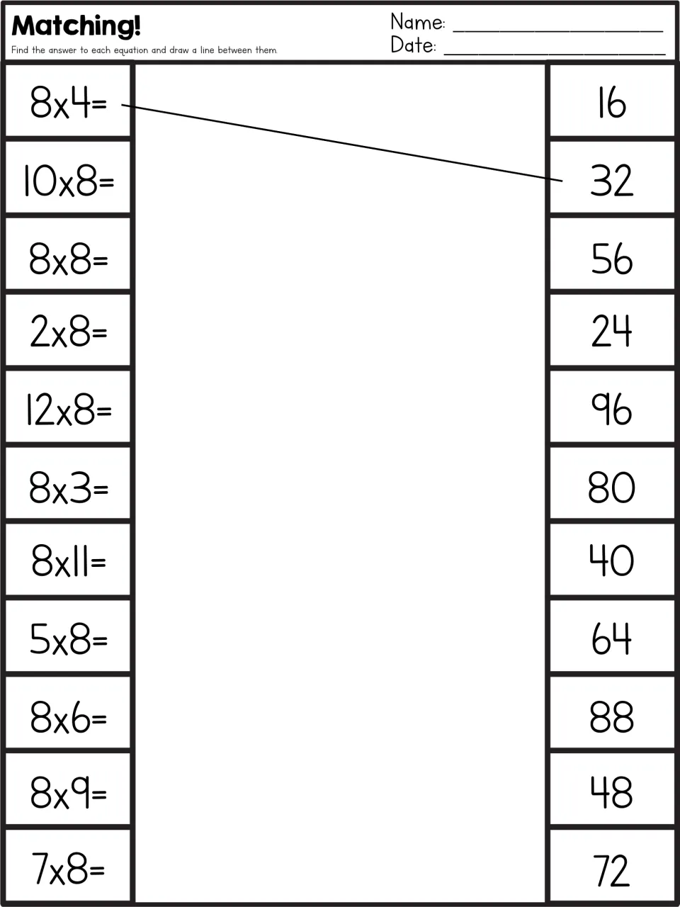 Matching!: students solve 11 facts of 8, such as 12x8 and 7x8, and draw a line to each product; 8x4 to 32 is modeled