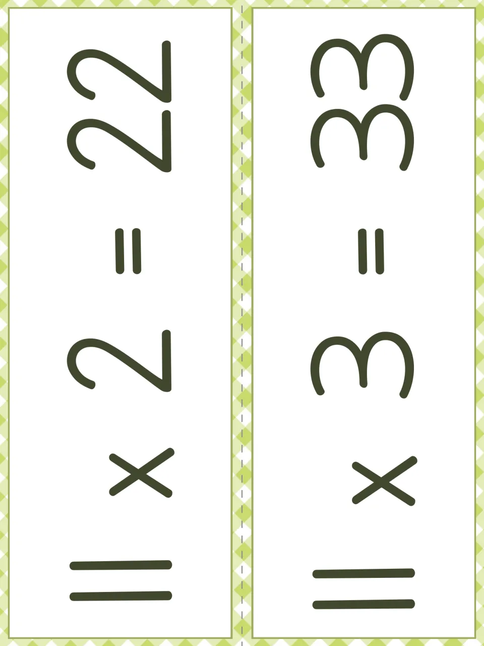 Fact strips for 11 x 2 = 22 and 11 x 3 = 33, printed sideways in large numerals, two strips to cut apart