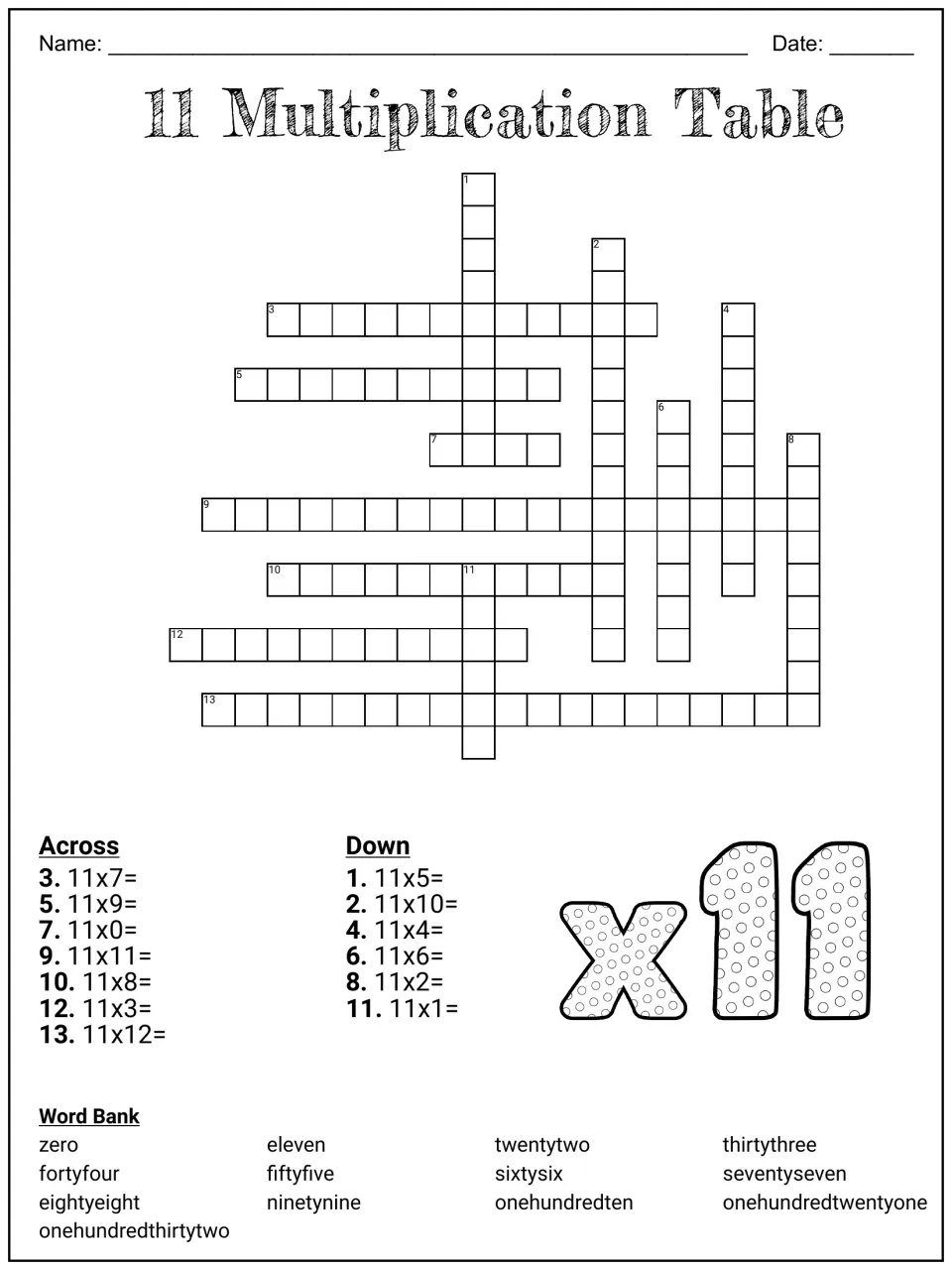 11 Multiplication Table crossword: students solve 13 clues like 11x7 and write answers as number words from a word bank