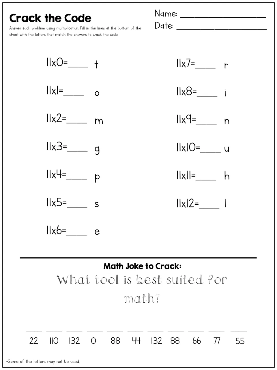 Crack the Code: students solve 11 x 0 to 11 x 12, match products to letters and decode a math joke about a tool