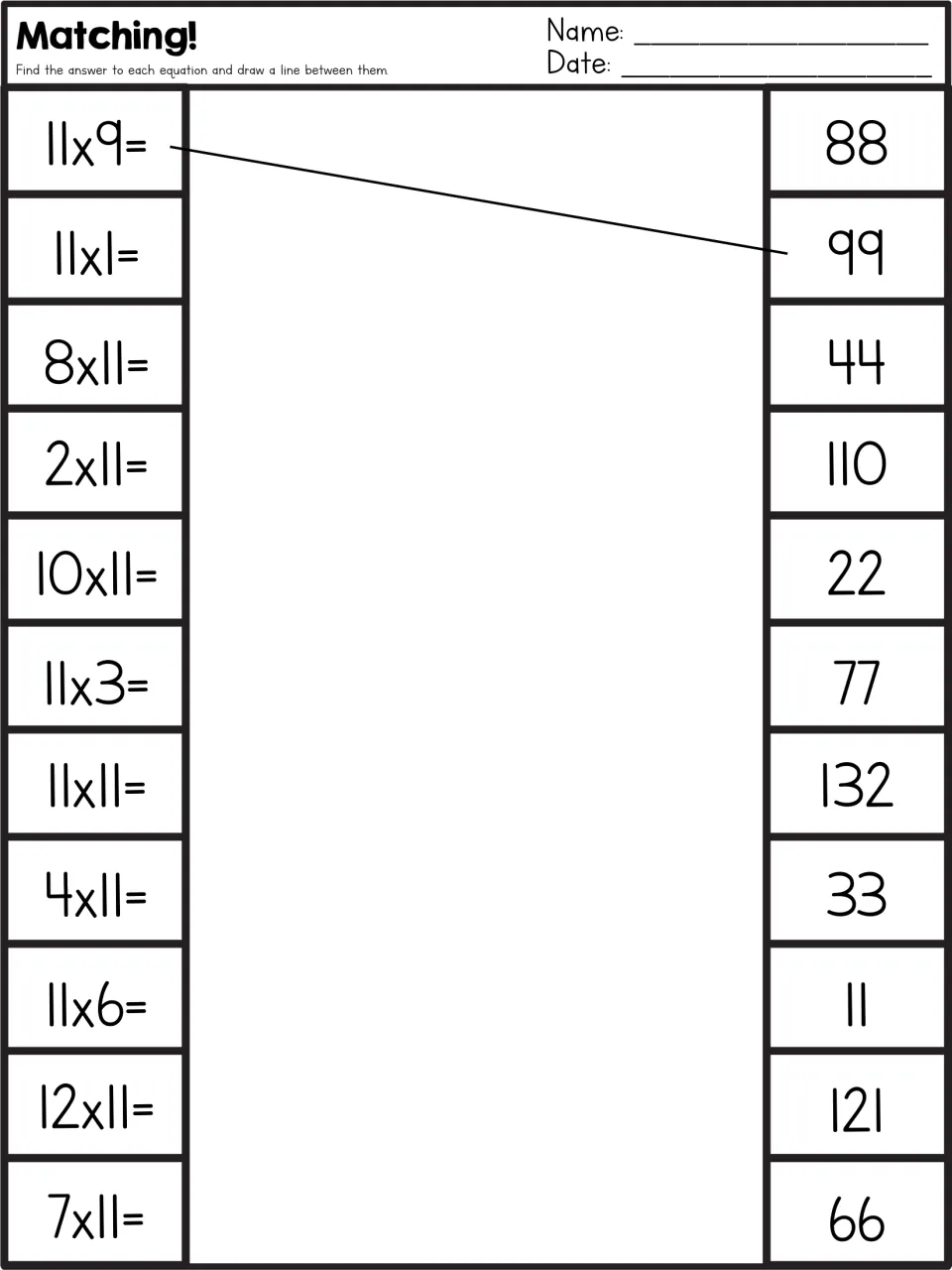 Matching: students draw lines from 11 facts such as 11x9 and 12x11 to their products, with 11x9 to 99 done as an example