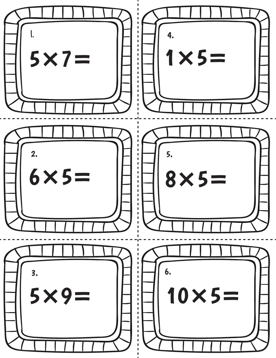 Times 5 facts, cards 1-6: students solve 5×7, 6×5, 5×9, 1×5, 8×5 and 10×5, writing each product after the equals sign