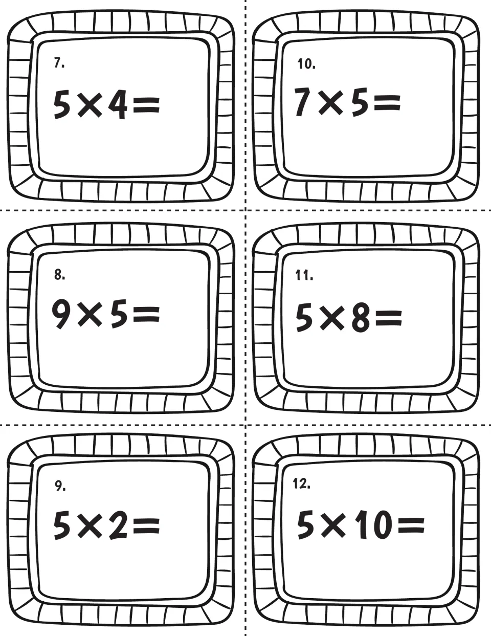 Multiply by 5 practice, cards 7-12: students find the products for 5×4, 9×5, 5×2, 7×5, 5×8 and 5×10 on cut-apart cards