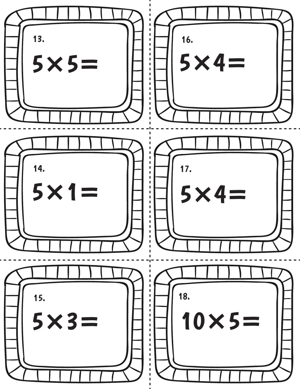 Fives multiplication cards 13-18: students solve 5×5, 5×1, 5×3, 5×4 (on two cards) and 10×5, one fact per card