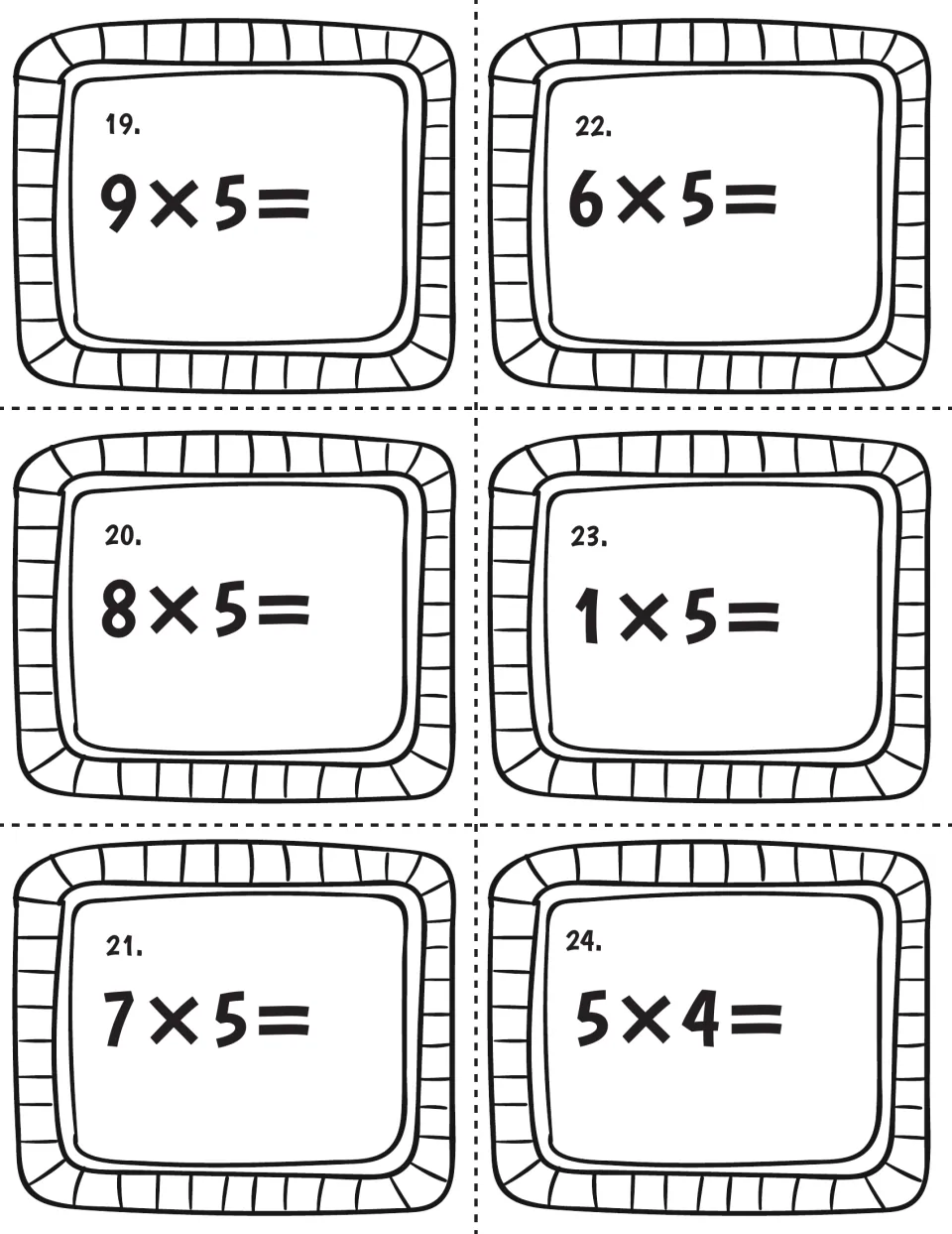 Multiplying by five, cards 19-24: students answer 9×5, 8×5, 7×5, 6×5, 1×5 and 5×4, recording the product for each