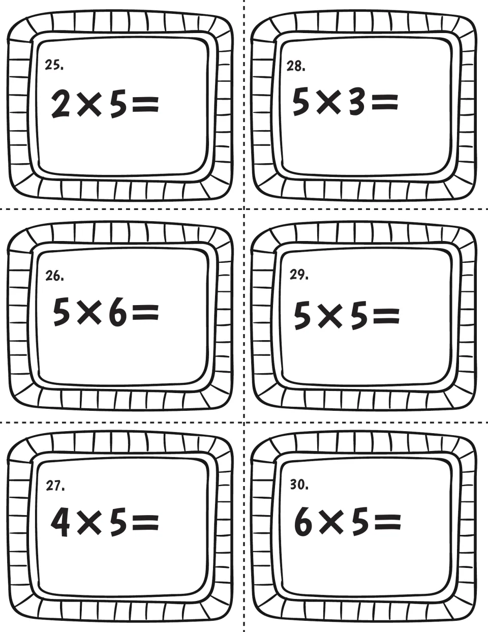 Times-five fact cards 25-30: students compute 2×5, 5×6, 4×5, 5×3, 5×5 and 6×5, writing the missing product