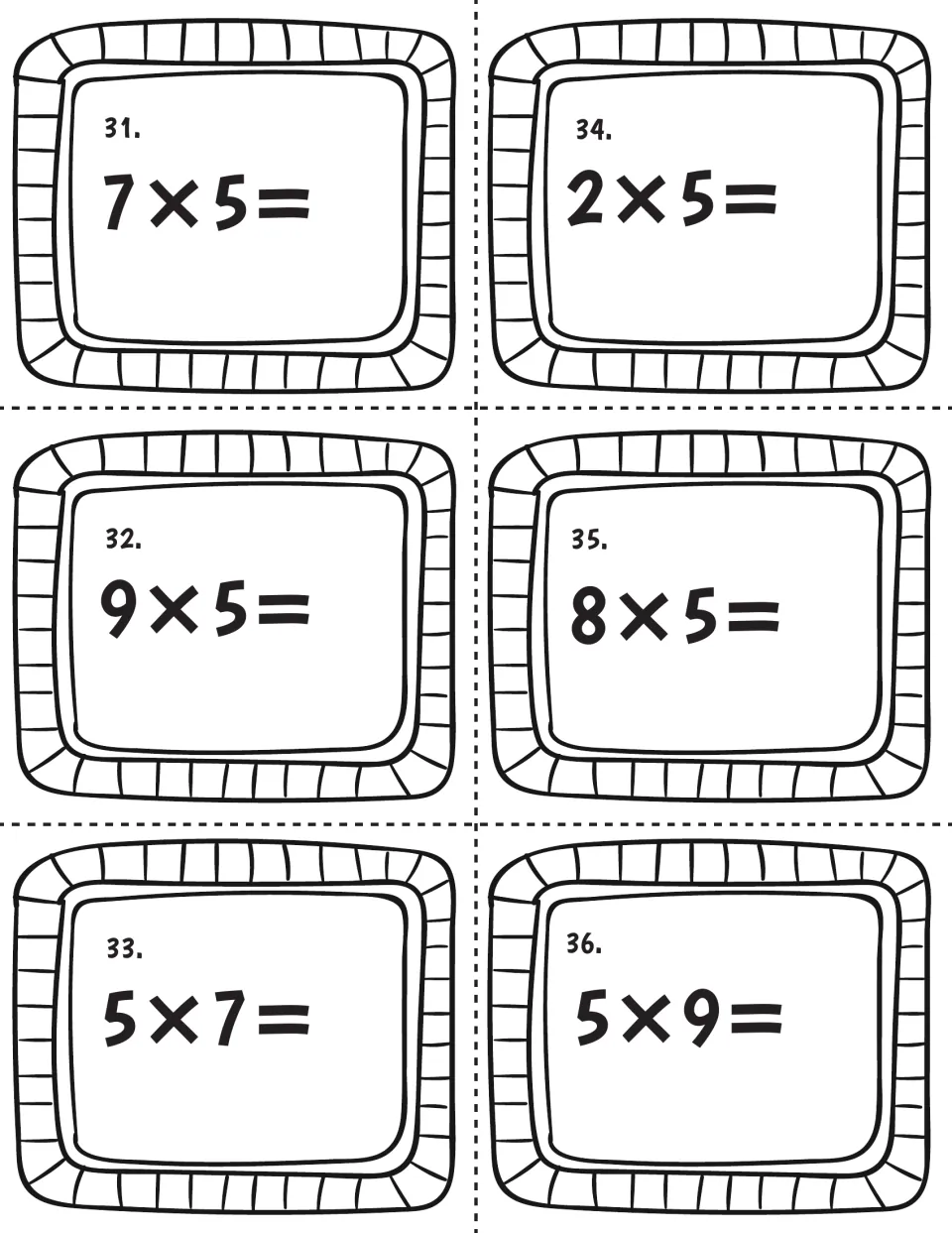 Fives facts, cards 31-36: students solve 7×5, 9×5, 5×7, 2×5, 8×5 and 5×9, seeing factors in both orders