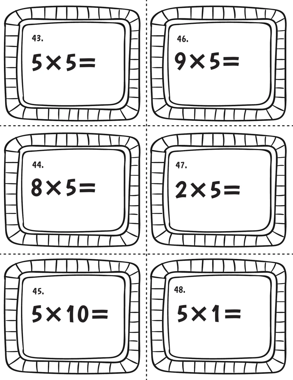 Five times table cards 43-48: students solve 5×5, 8×5, 5×10, 9×5, 2×5 and 5×1, one multiplication equation per card