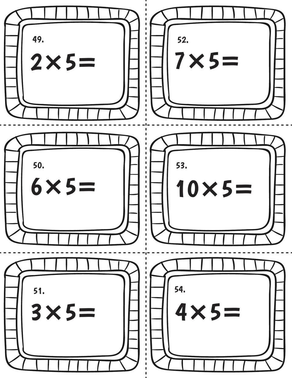 Multiplying by 5 cards 49-54: students work out 2×5, 6×5, 3×5, 7×5, 10×5 and 4×5, each with 5 as the second factor