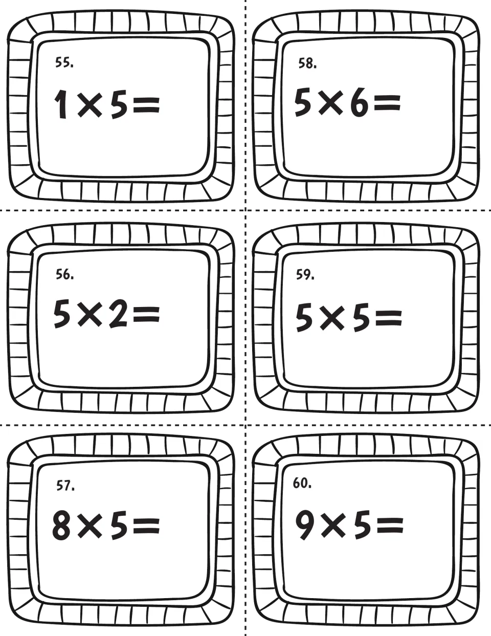 Fives facts cards 55-60: students solve 1×5, 5×2, 8×5, 5×6, 5×5 and 9×5, filling in the product on each card