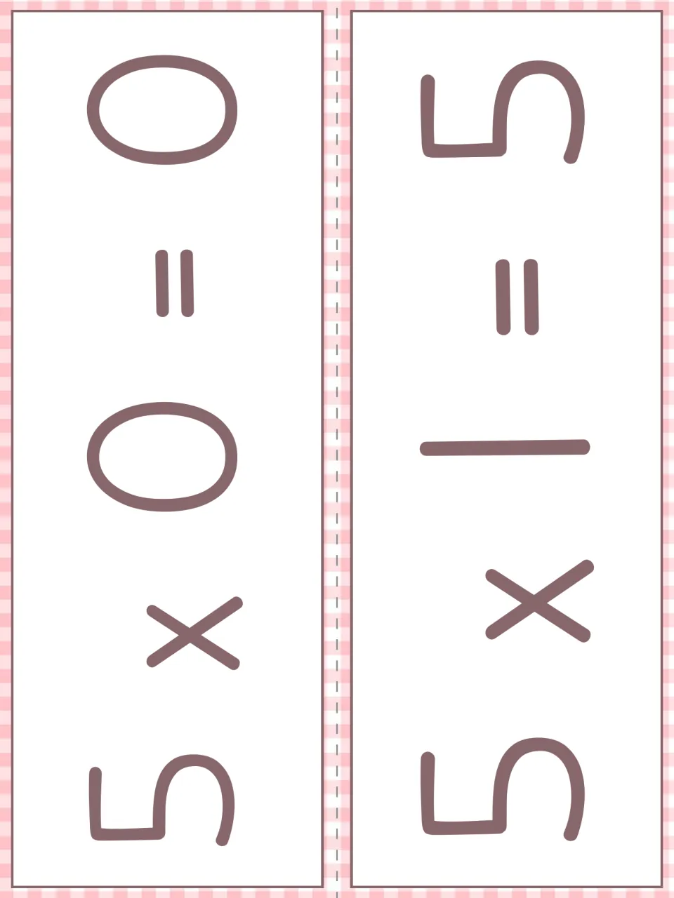 Large-print fact cards for 5 x 0 = 0 and 5 x 1 = 5, printed sideways as two strips to cut apart for review