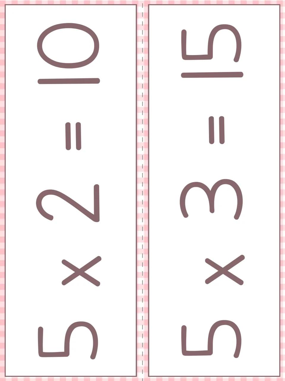 Large-print fact cards for 5 x 2 = 10 and 5 x 3 = 15, two sideways strips students can cut apart and display