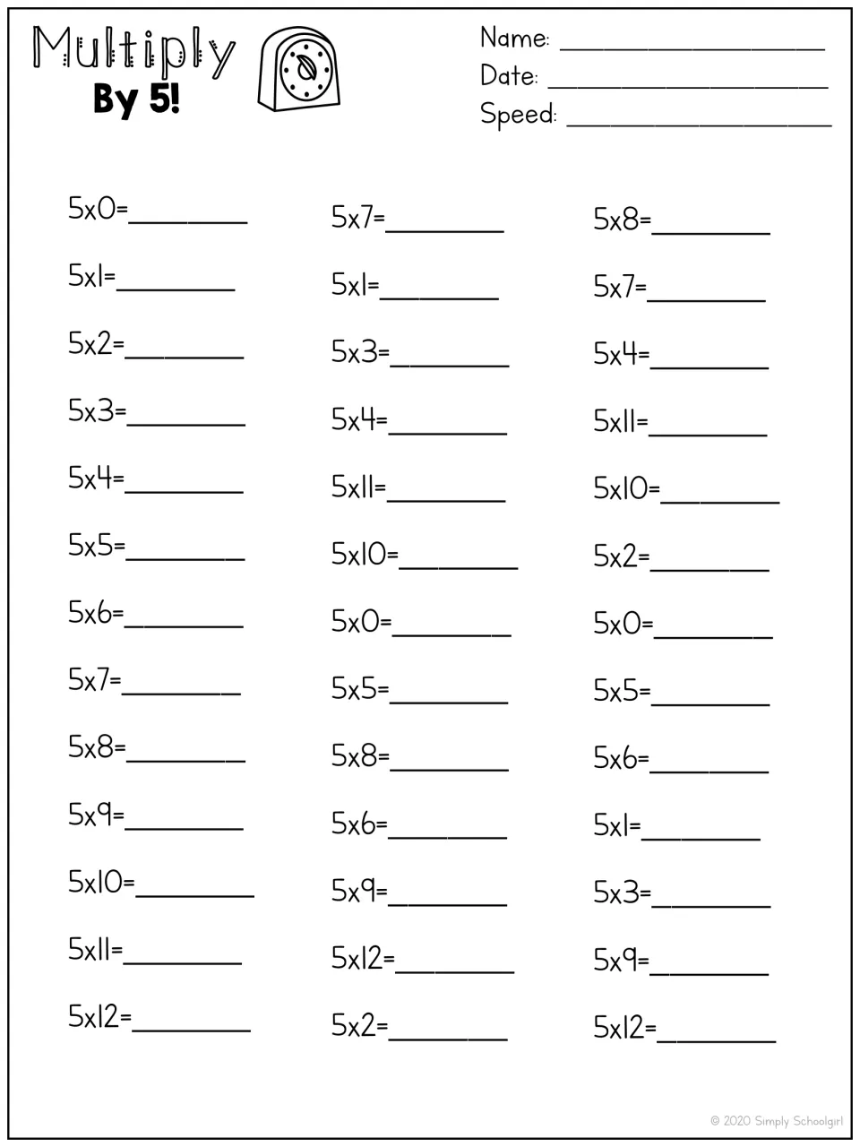 Multiply By 5! speed drill, second version: 39 more fives facts with a different mixed order in the last two sets